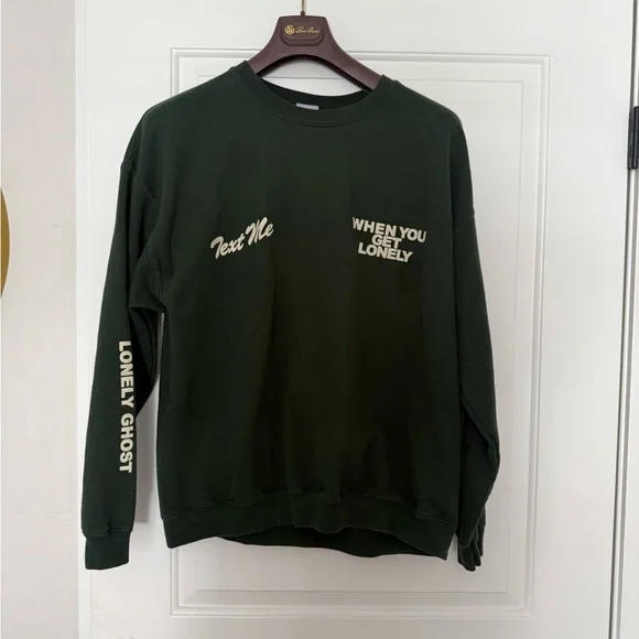 LONELY GHOST Dark Green Crewneck with Cream Text - Picture 1 of 3